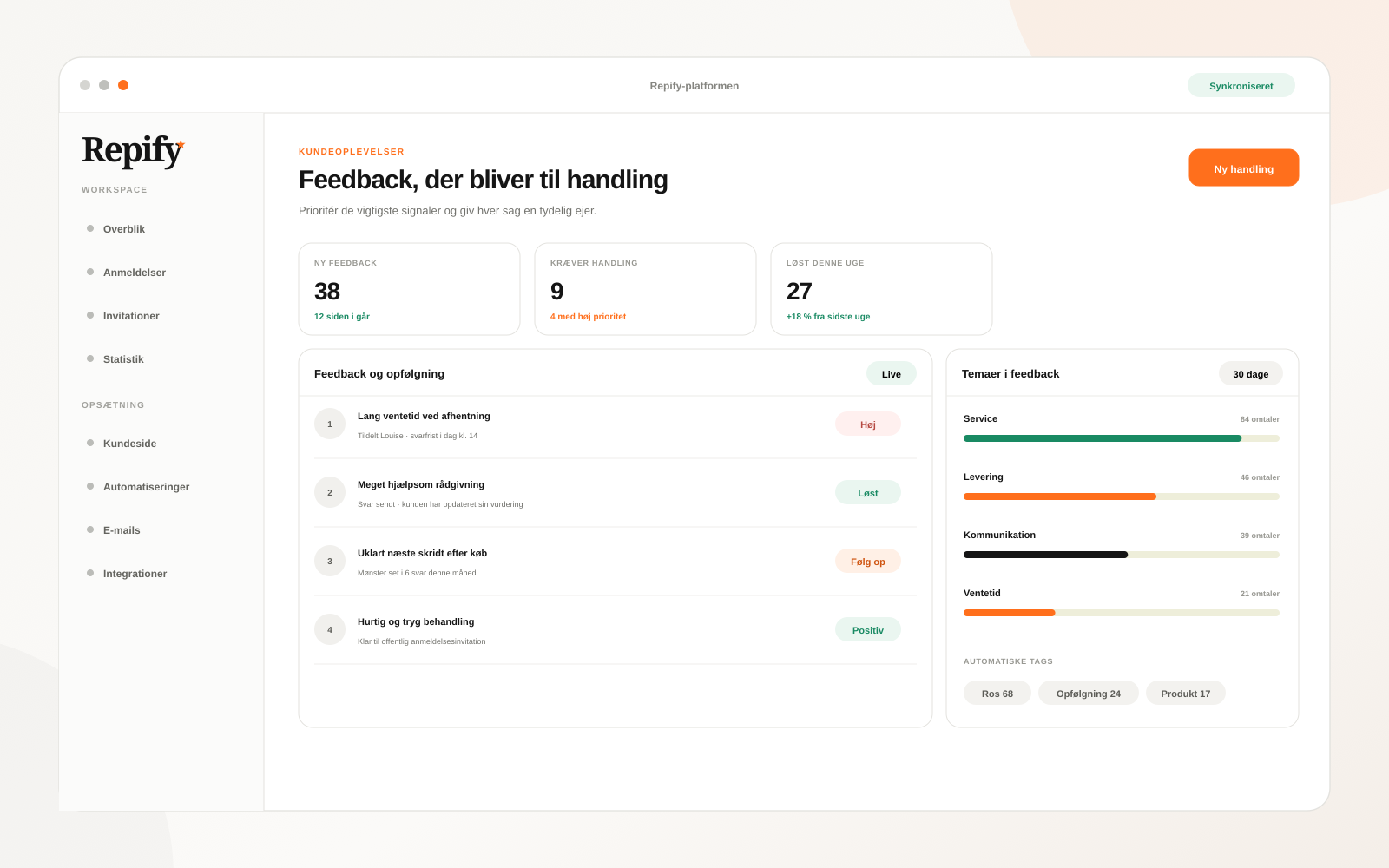 Repify-overblik med prioriteret kundefeedback, opfølgning og temaer i svarene