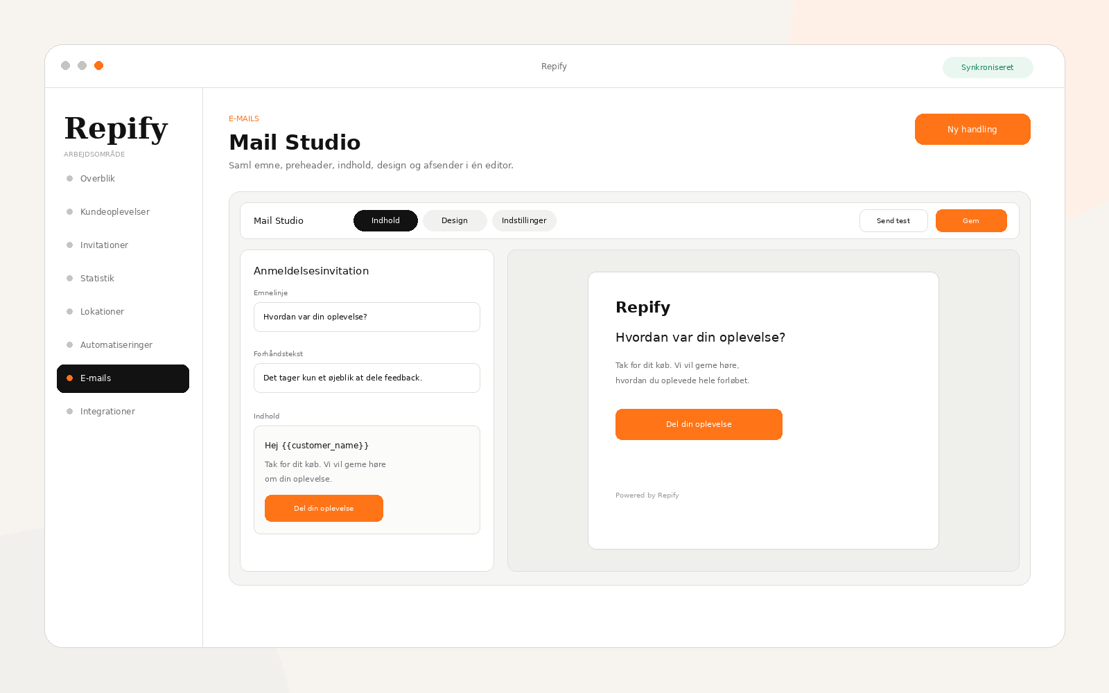 Repify Mail Studio med emnelinje, preheader, indhold og live e-mailpreview