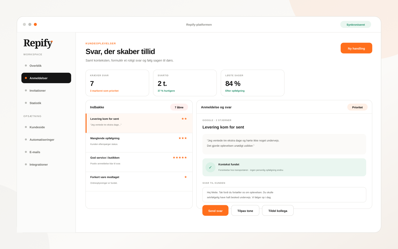 Repify-indbakke med negativ anmeldelse, kundekontekst og kladde til svar