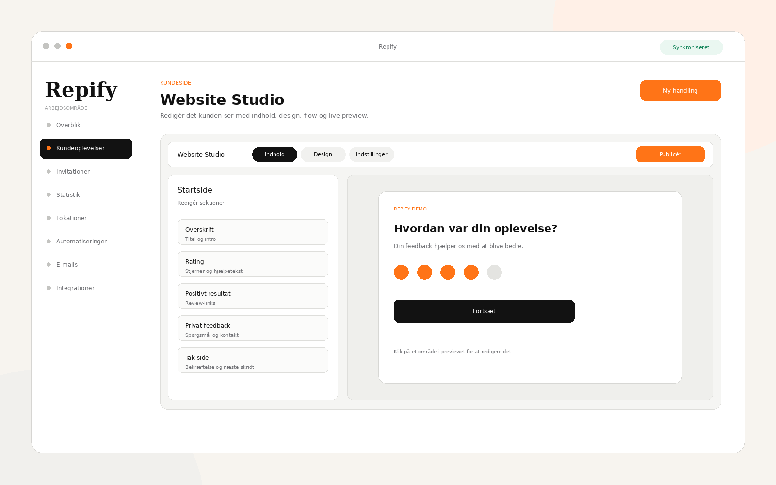 Repify Website Studio med indholdsinspector og live preview af kundesiden